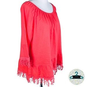 Krazy Kay Boho Coral Peplum Tunic Length Crochet Lace Linen Blend Blouse - XL